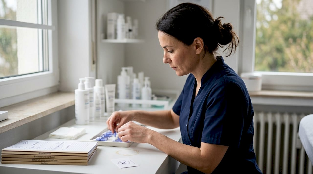 Eine Kosmetikerin sortiert sorgfältig die Nadeln für das Microneedling.