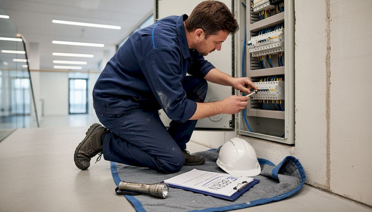 Ein Elektromeister überprüft einen geöffneten Sicherungskasten.