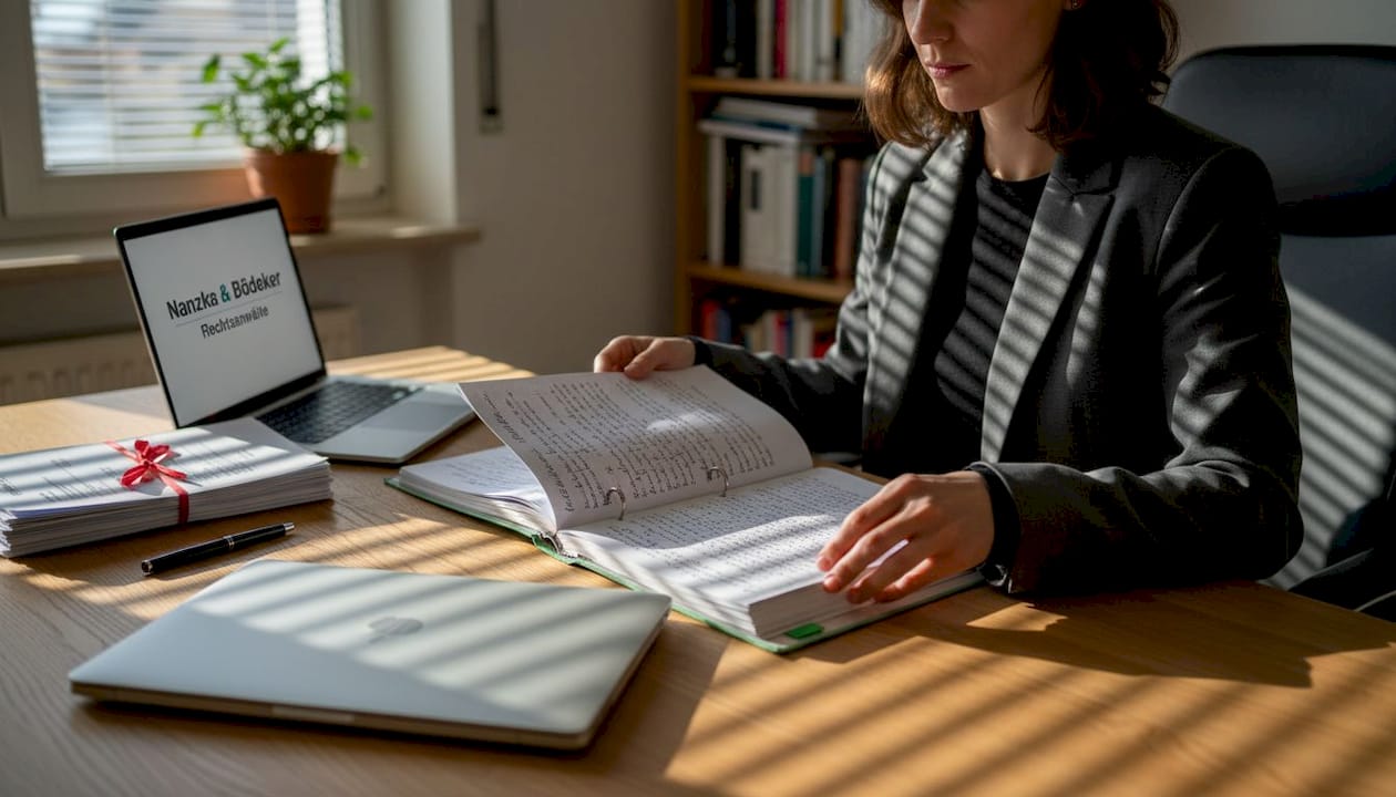Eine Geschäftsfrau prüft sorgfältig die Unterlagen in ihrem Aktenordner, um rechtliche Aspekte abzuklären.