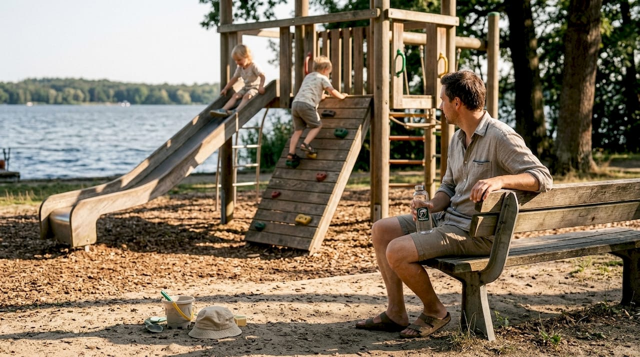 Auf dem Spielplatz am Müggelsee toben und lachen die Kinder.