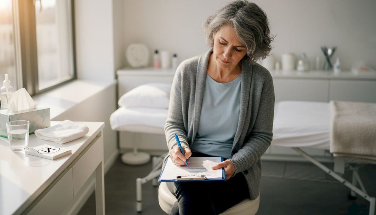 Vor der Ultraschalluntersuchung füllt die Patientin einen Anamnesebogen aus.