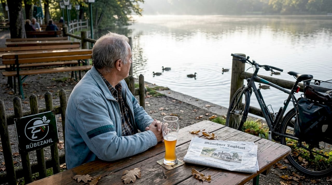 Ein Mann sitzt entspannt im Biergarten und genießt den Blick auf den See.