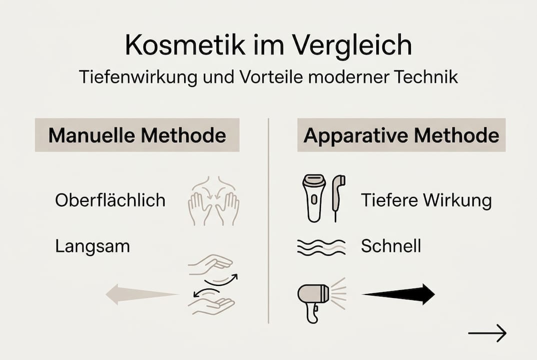 Eine Infografik zeigt die Unterschiede zwischen Behandlungsmethoden mit Geräten und klassischen manuellen Techniken in der Kosmetik.