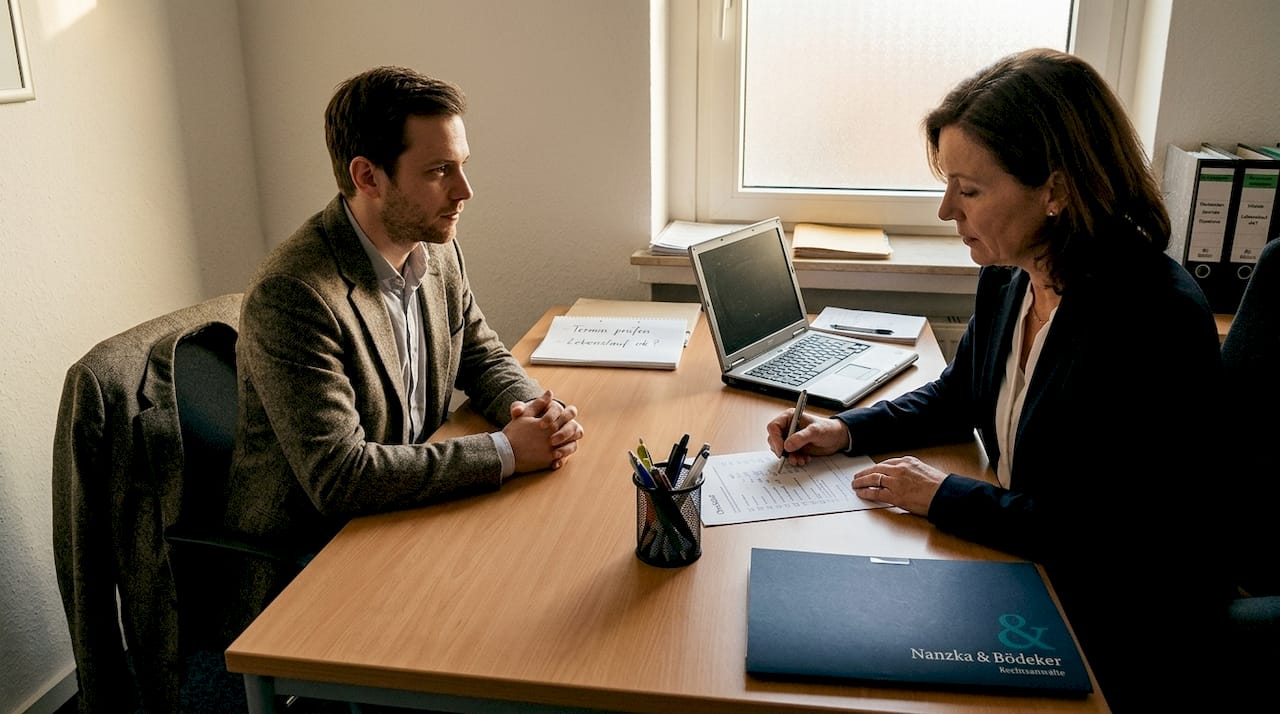 Ein Mann wartet darauf, dass seine Unterlagen für die Bewerbung überprüft werden.