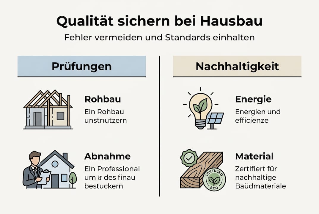 Die Infografik veranschaulicht die wichtigsten Faktoren für eine erfolgreiche Qualitätssicherung beim Hausbau.