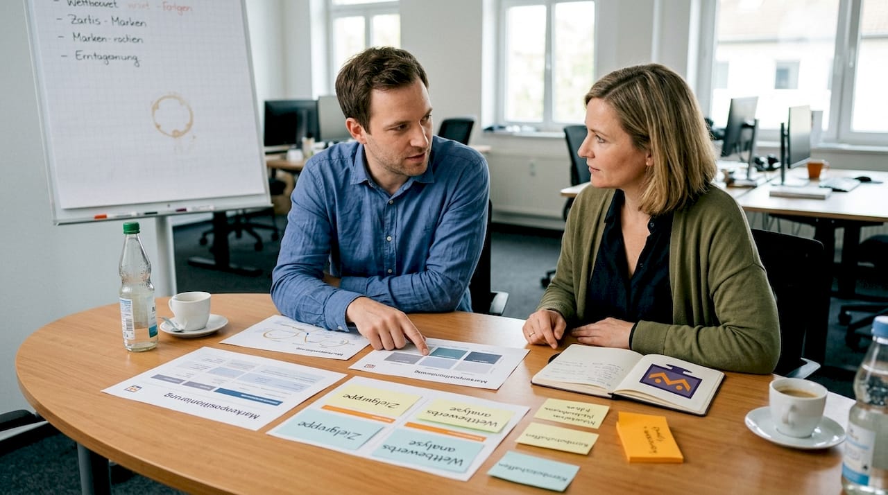 Das Team bespricht gemeinsam im Büro die Markenstrategie.