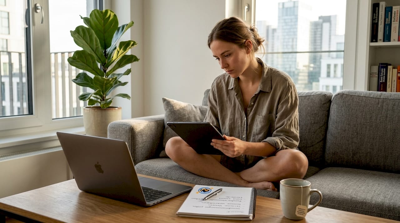 Ein Online-Immobilienmakler prüft bequem von zu Hause aus digitale Exposés und Immobilienanzeigen.