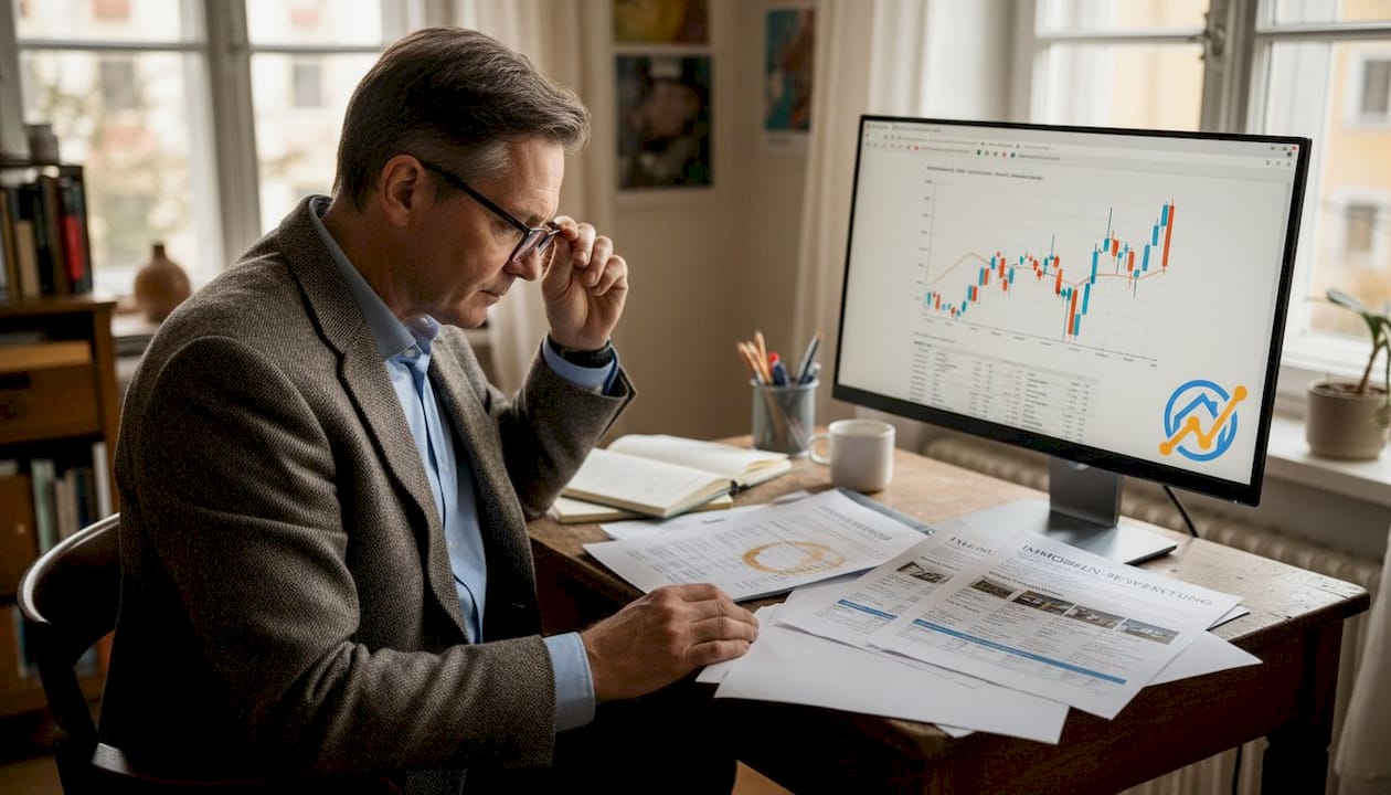 Ein Gutachter prüft am Schreibtisch die Immobilienbewertungen.