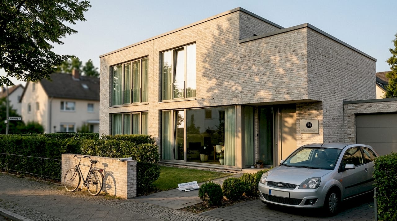 Blick auf ein modernes Zweifamilienhaus in einer ruhigen Wohnsiedlung