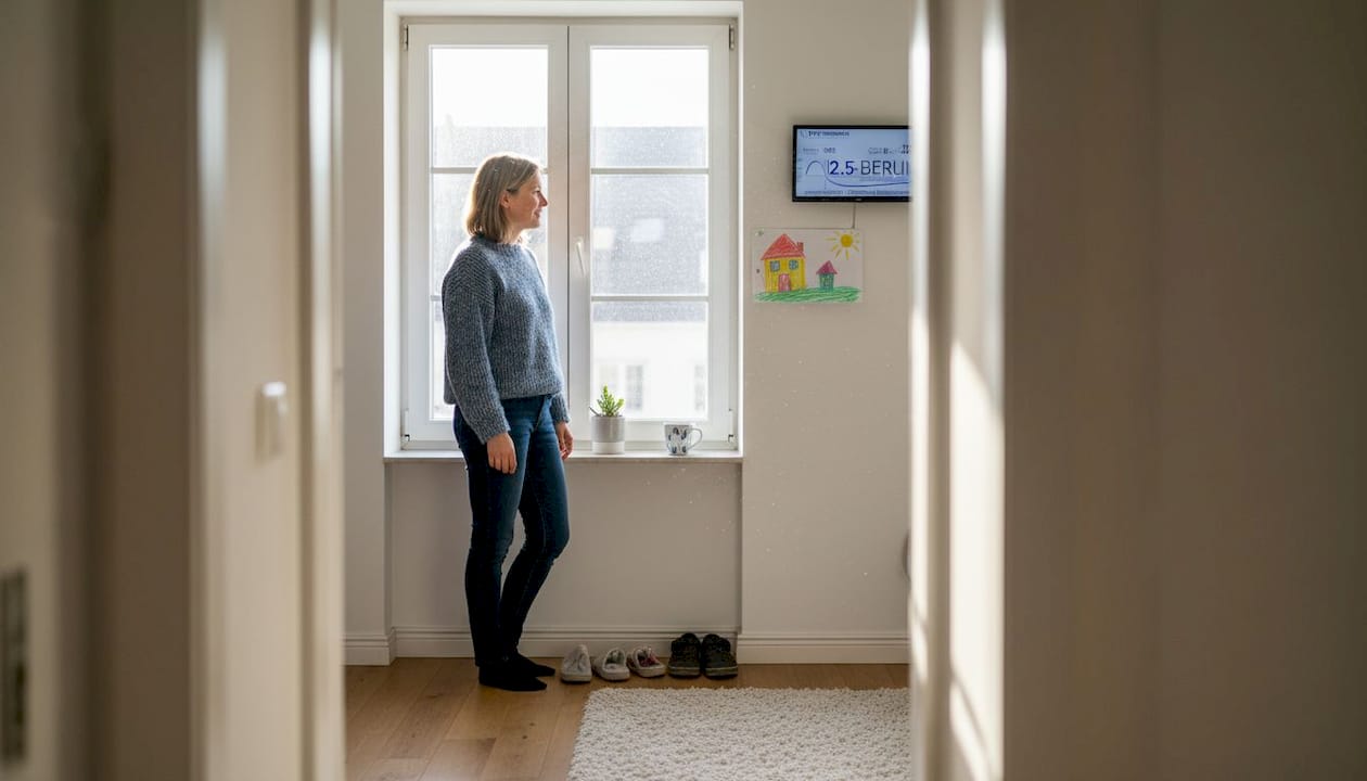 Eine Frau überprüft die Anzeige ihrer Solaranlage zu Hause.