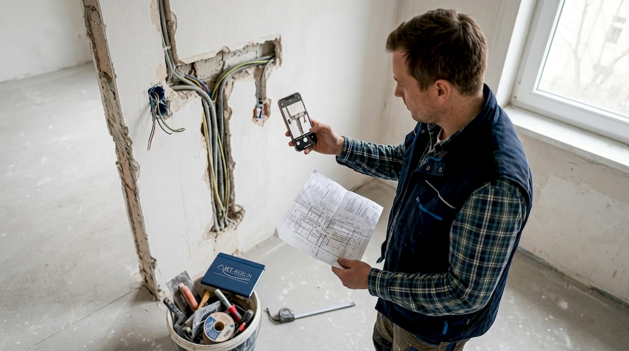 Der Bauleiter hält die Verlegung der Leerrohre direkt mit dem Smartphone fest.