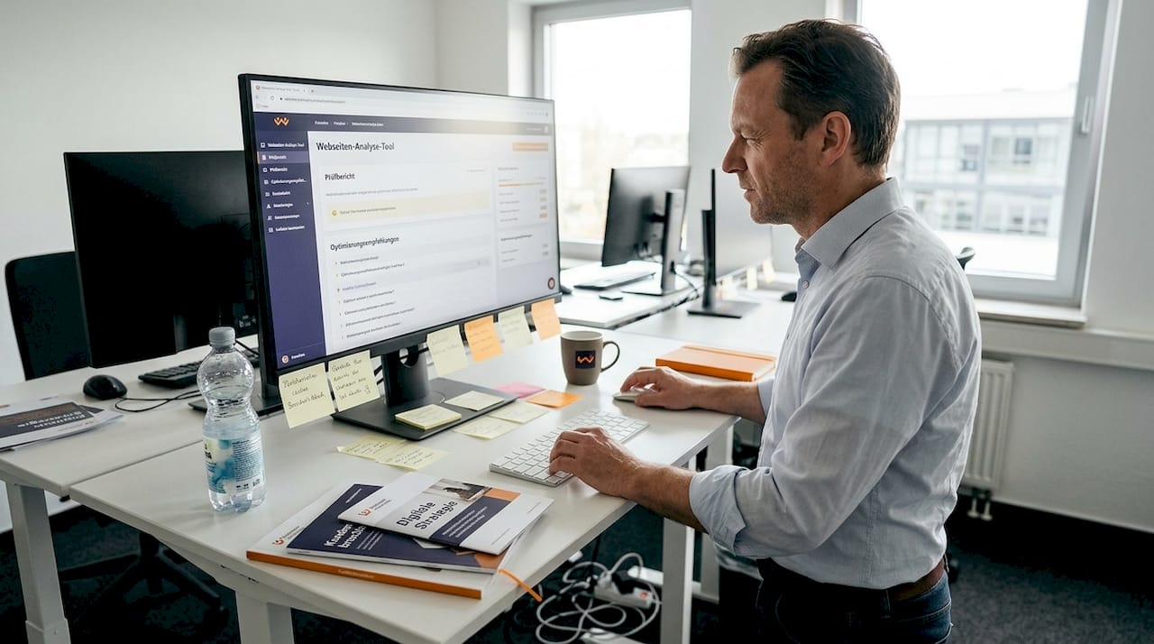 Ein Mitarbeiter prüft die Webseite im Großraumbüro.