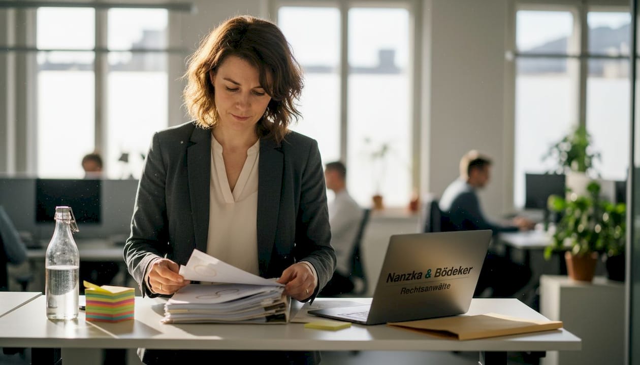 Eine HR-Fachkraft prüft am Schreibtisch Unterlagen auf Einhaltung gesetzlicher Vorgaben.