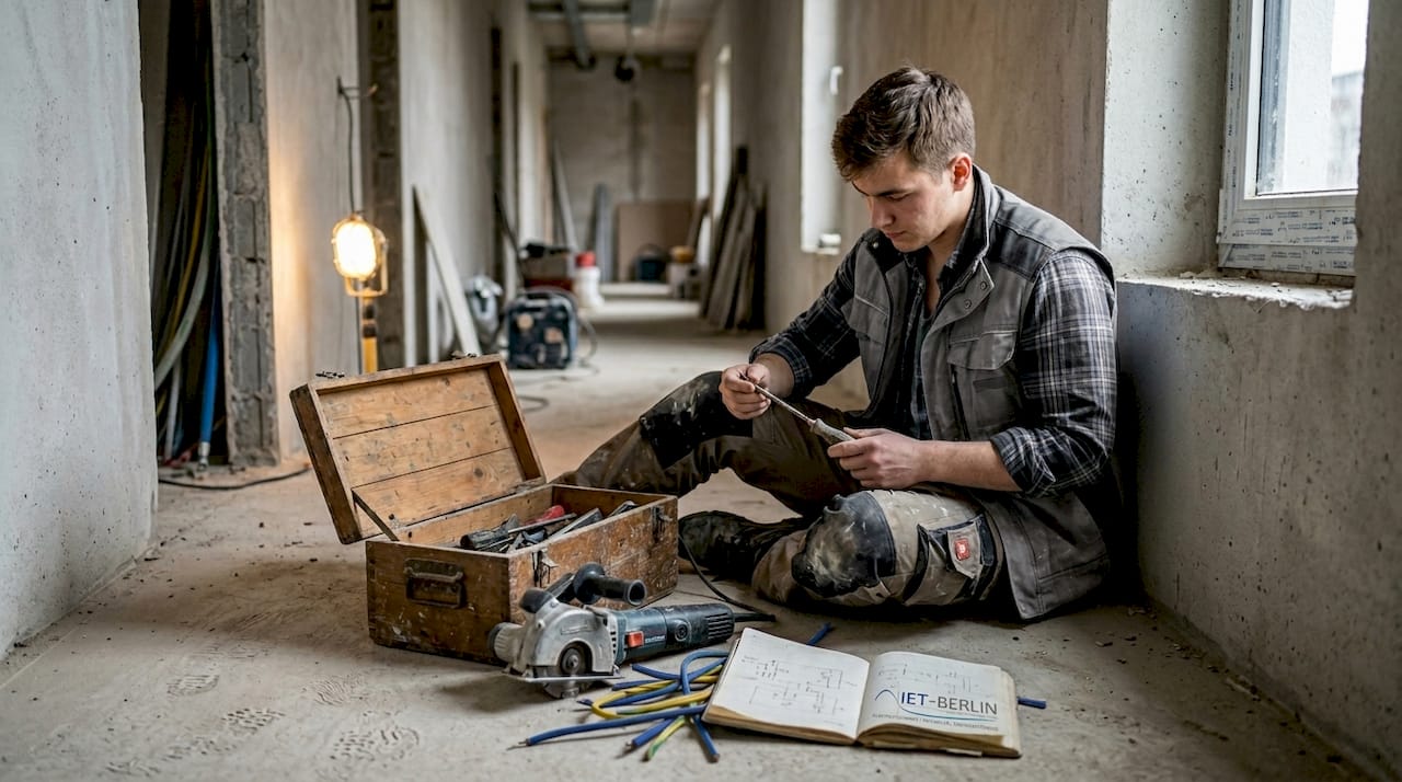 Ein Elektriker bereitet das Material für die anstehende Installation vor und sortiert Kabel, Steckdosen und weiteres Zubehör.