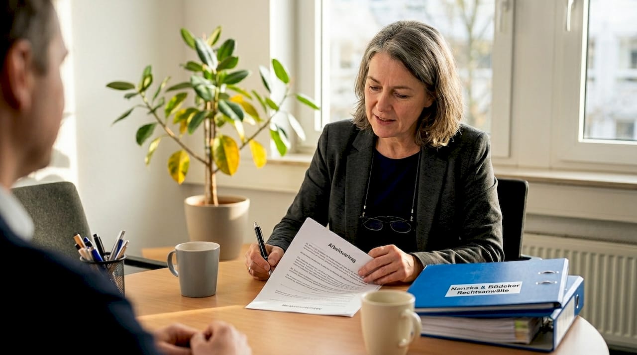 Eine Personalmanagerin prüft die Unterlagen eines Arbeitsvertrags.