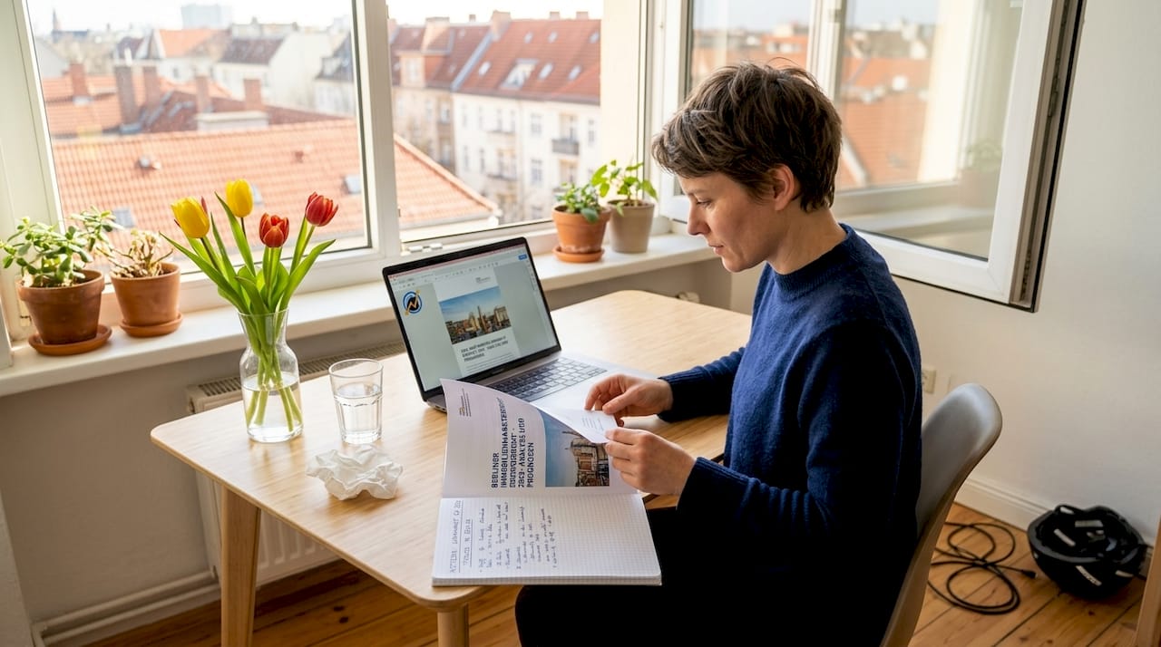 Eine Frau informiert sich am Schreibtisch über aktuelle Immobilienpreise.