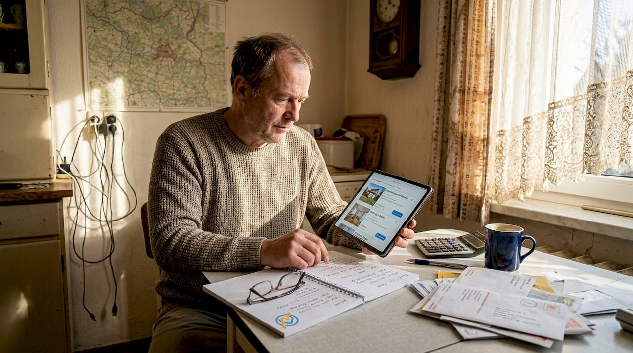 Am Küchentisch nimmt sich der Investor Zeit, verschiedene Immobilienangebote genau unter die Lupe zu nehmen.