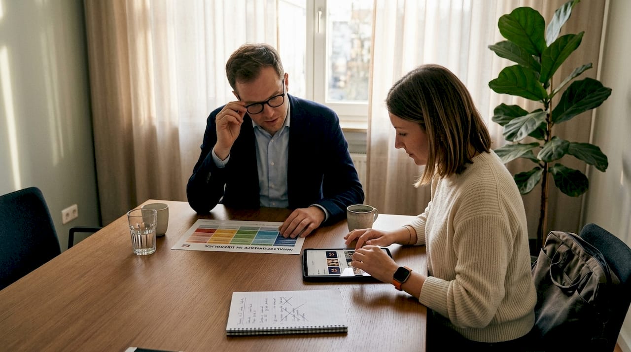 Mitarbeitende prüfen gemeinsam verschiedene Möglichkeiten für das Inhaltsformat.
