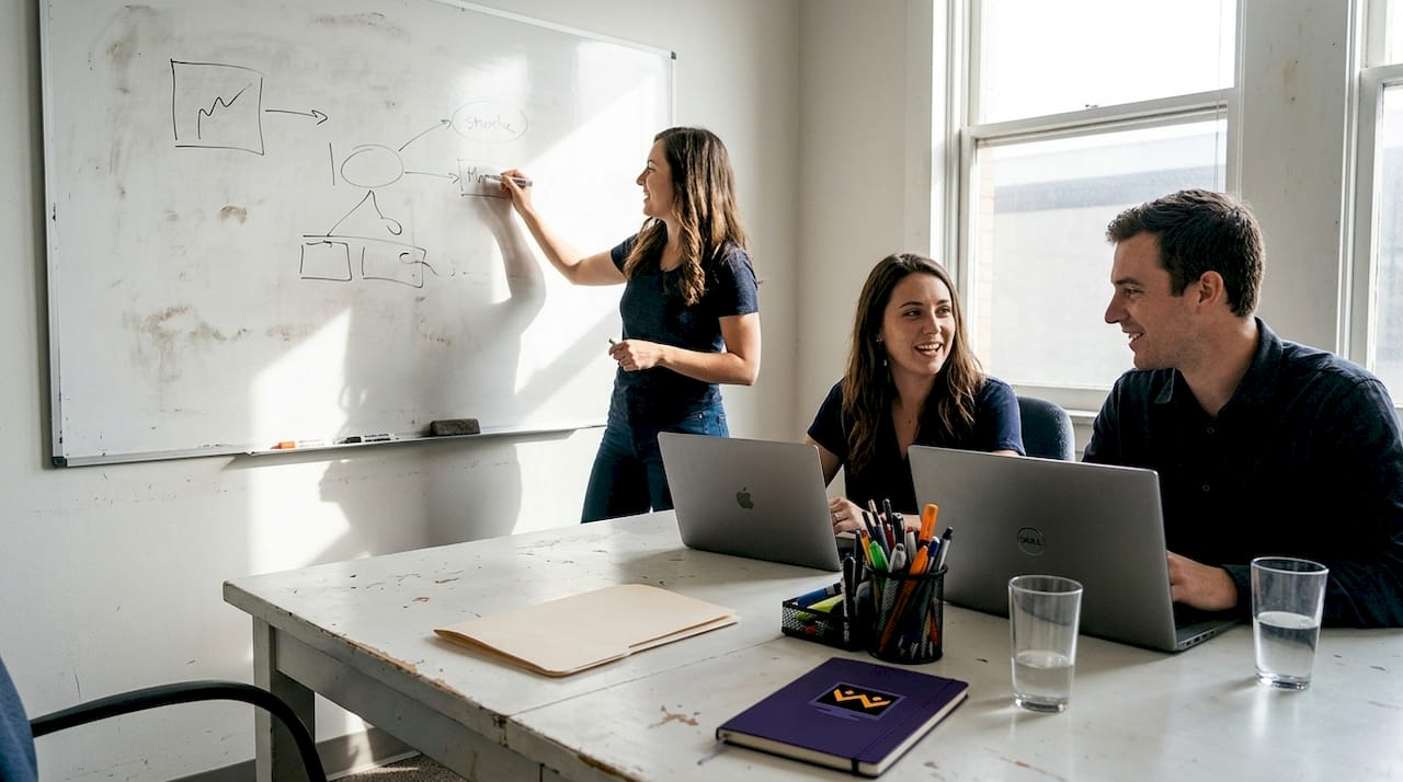 Das Team sammelt gemeinsam Ideen und entwickelt neue Strategien am Whiteboard.