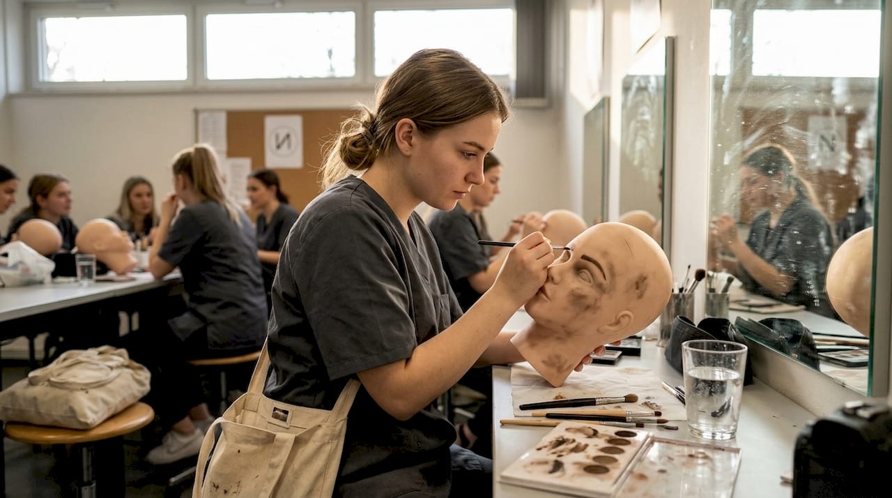 Bildungsgutschein: So startest du kostenfrei in die Kosmetik-Karriere 2 Eine angehende Kosmetikerin trainiert ihre Fähigkeiten im Unterricht an einem Übungskopf.