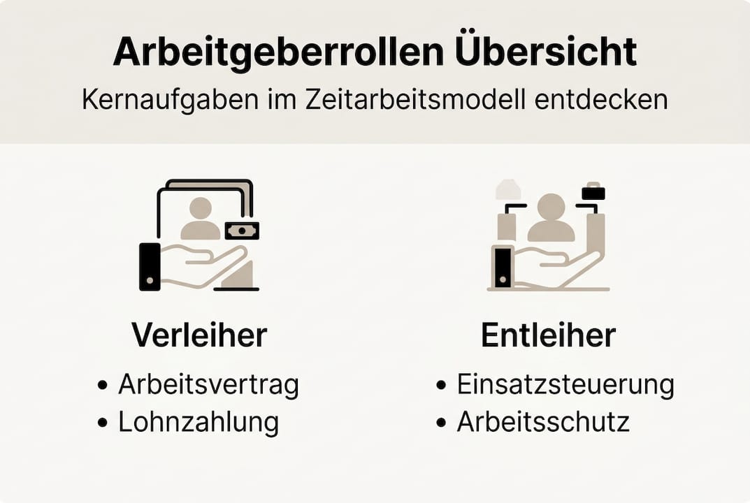 Übersichtliche Infografik: Die wichtigsten Arbeitgeberrollen in der Zeitarbeit auf einen Blick