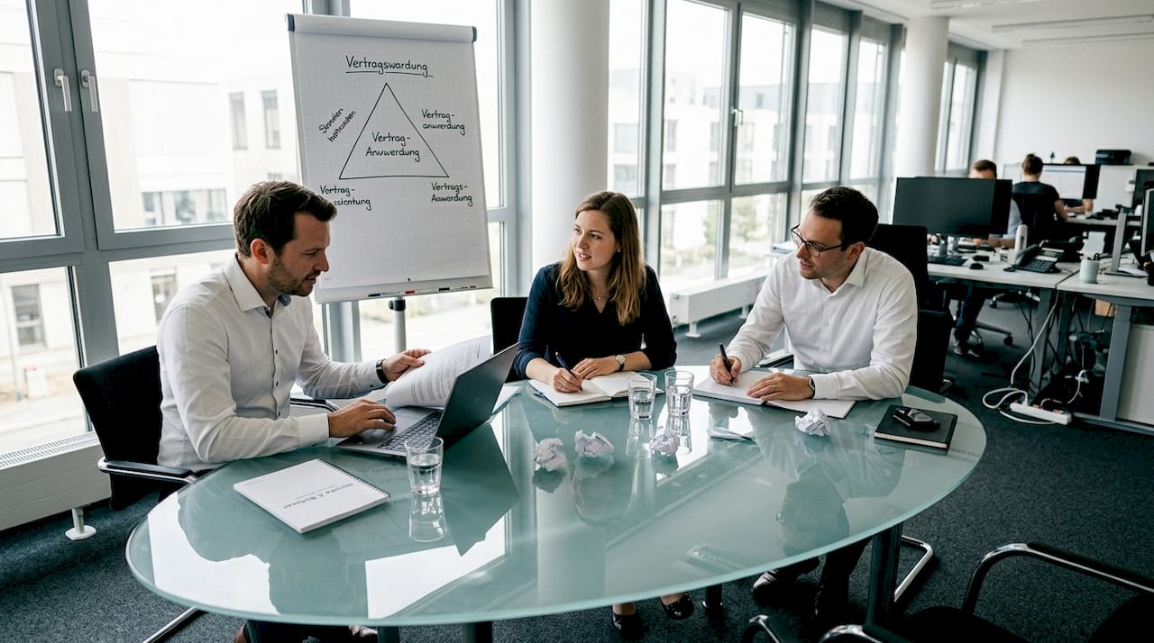 Im Team wird über das Dreiecksverhältnis bei Zeitarbeitsverträgen gesprochen.