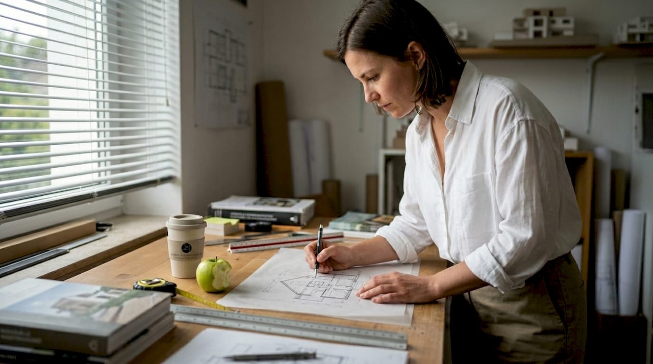 Eine Architektin entwirft einen maßgeschneiderten Grundriss für das neue Zuhause.