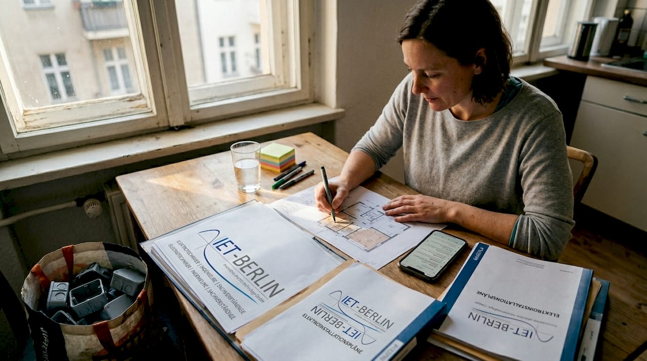 Eine Frau begutachtet die Elektropläne für die Sanierung eines Altbaus.