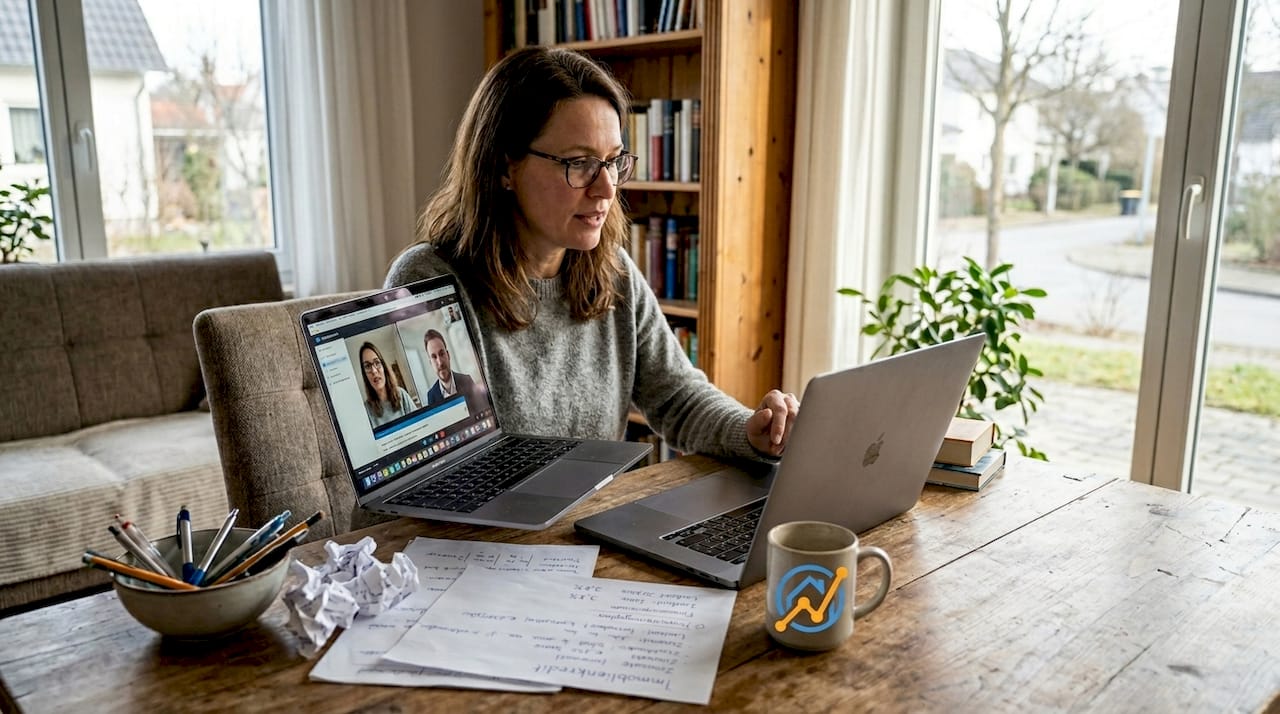 Eine Frau informiert sich per Videocall über ihre Immobilienfinanzierung.