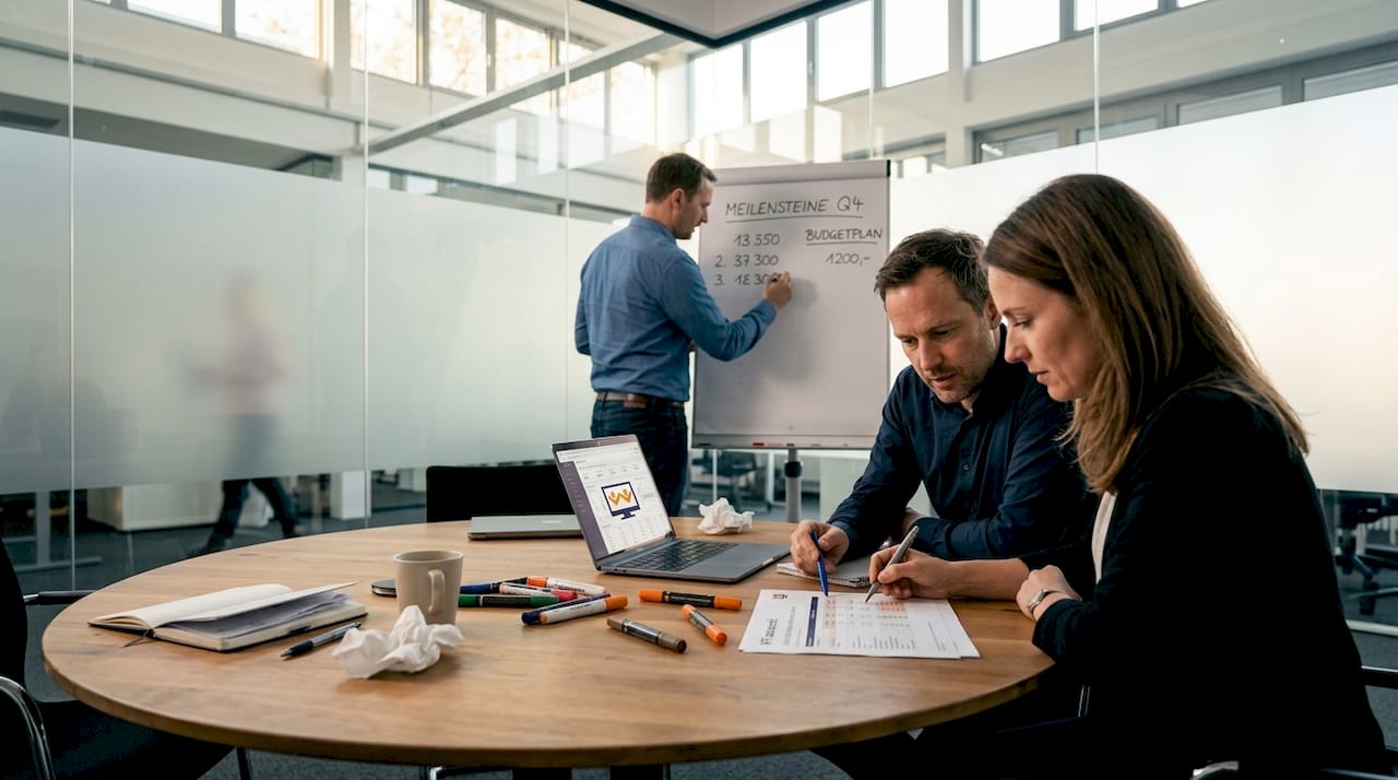 Das Team tauscht sich im Büro über die wichtigsten Kennzahlen zur Leadgenerierung aus.