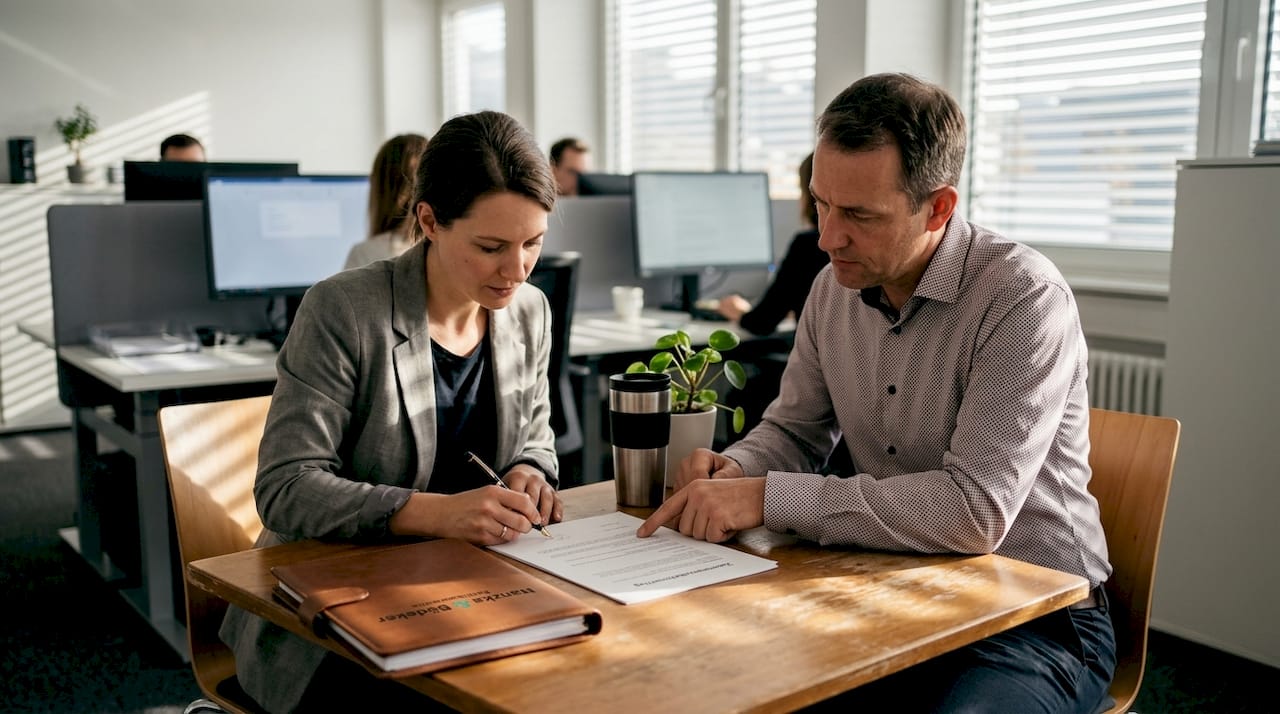 Ein Jurist und eine Führungskraft unterzeichnen gemeinsam einen Vertrag am Besprechungstisch.