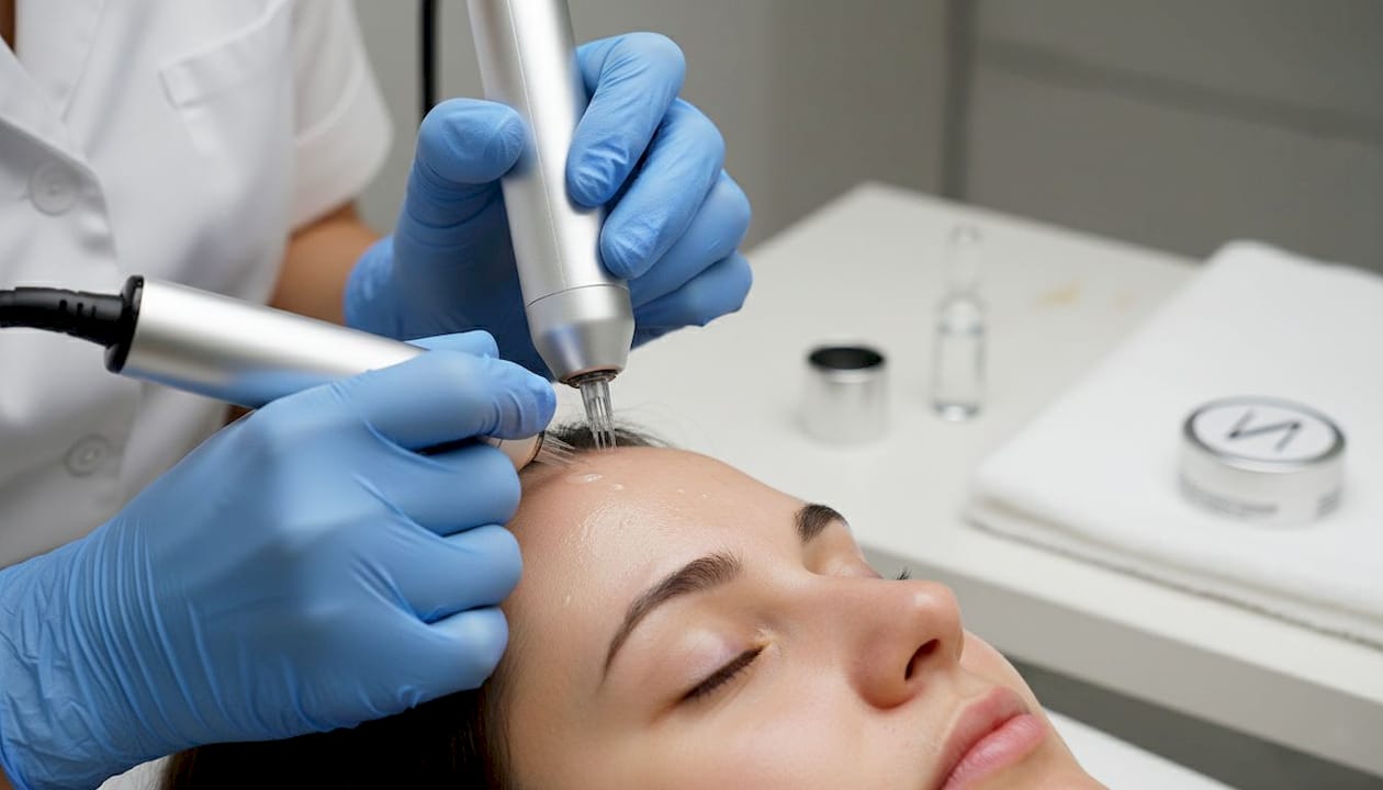 Microneedling in der Kosmetik: Wissen, Sicherheit, Praxis 3 Detailaufnahme: Der Microneedling-Pen wird auf der Stirn angewendet.