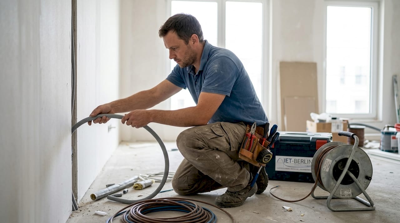 Ein Elektriker verlegt Leitungen in einer neu gebauten Wohnung.