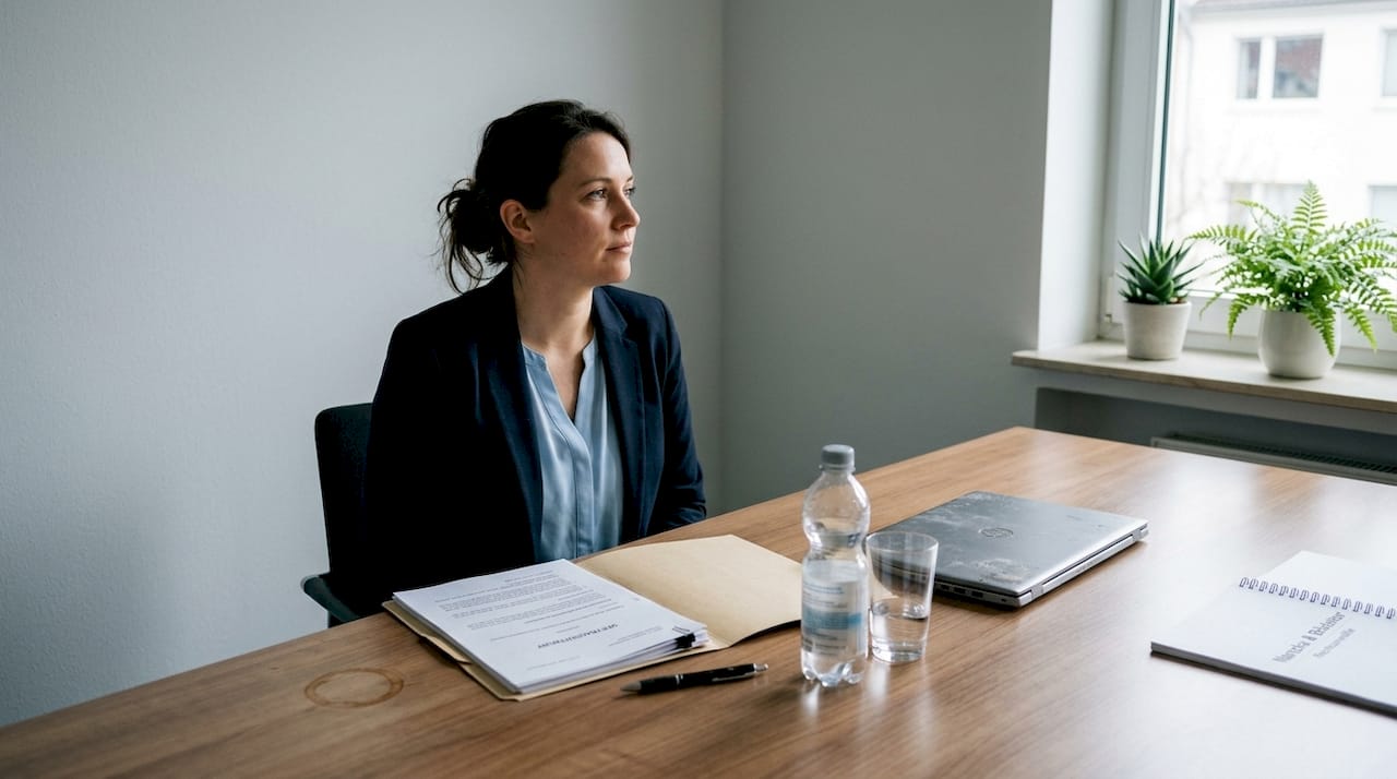 Eine Geschäftsfrau sitzt am Konferenztisch und nimmt die Vertragsunterlagen genau unter die Lupe.