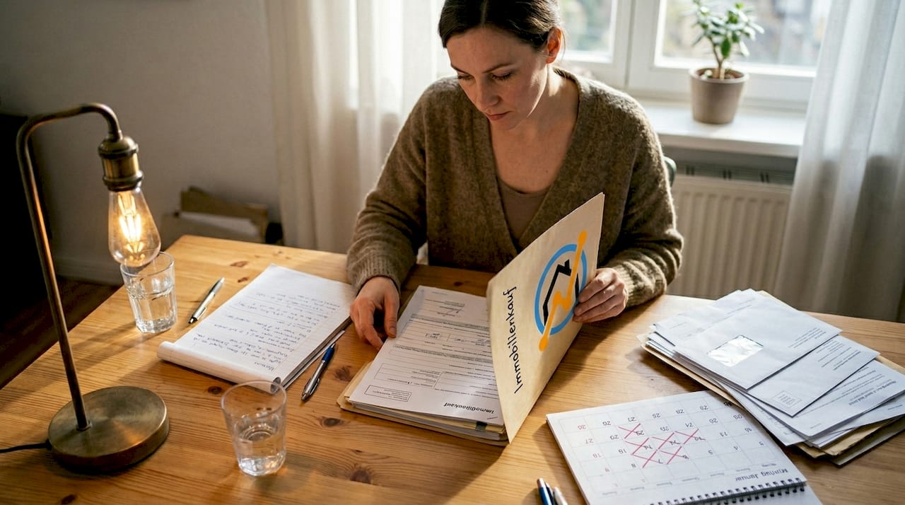 Eine Frau prüft am heimischen Schreibtisch ihre Immobilienunterlagen.