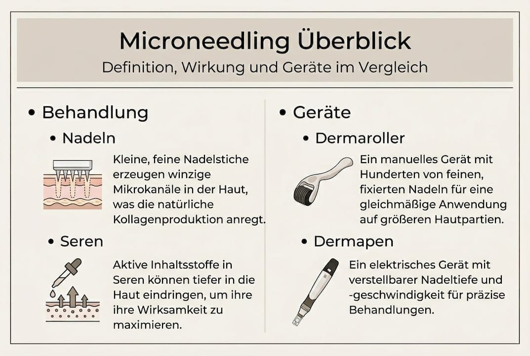 Übersichtliche Microneedling-Infografik mit modernen Geräten im minimalistischen Design
