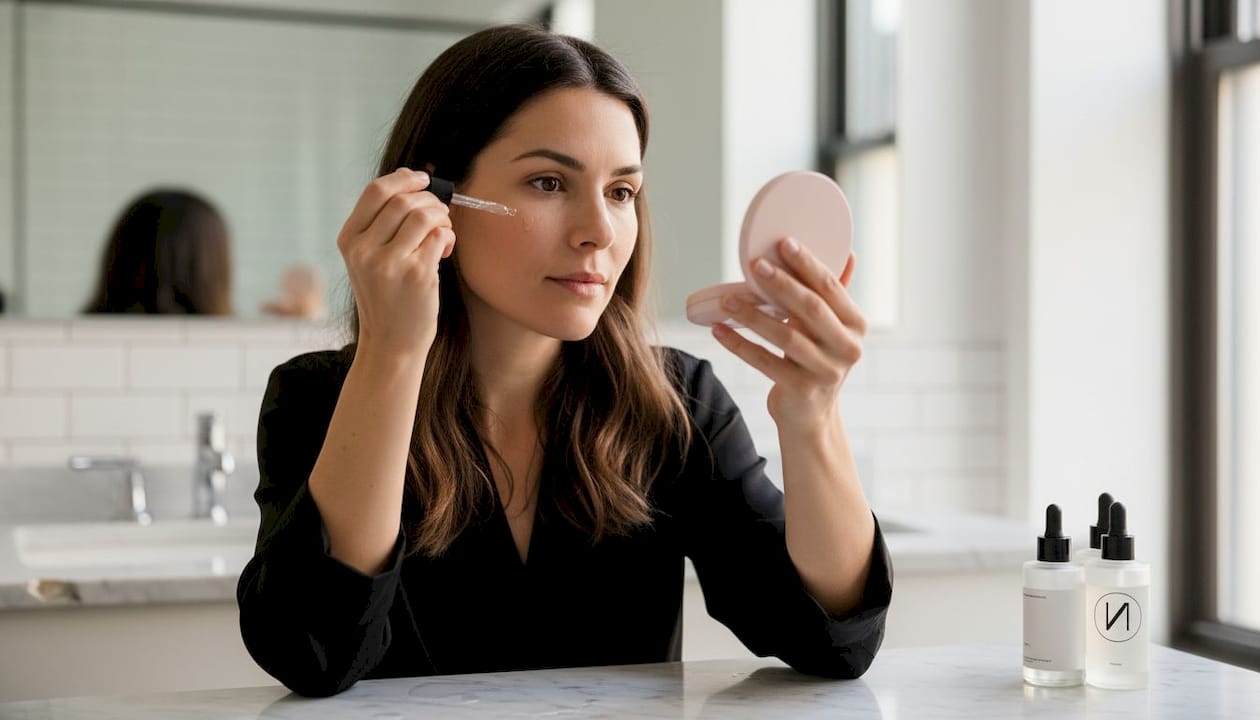 Nach einer Microneedling-Behandlung trägt die Frau sorgfältig ein pflegendes Serum auf ihre Haut auf.