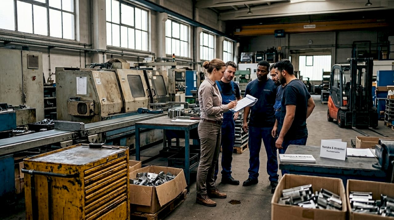 Die Produktionsleiterin verschafft sich in der Fertigungshalle einen Überblick über den aktuellen Arbeitsplan.