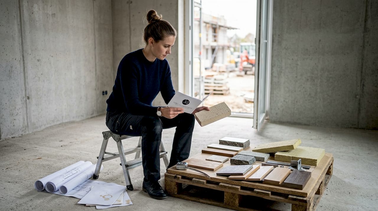 Eine Architektin begutachtet verschiedene nachhaltige Baumaterialien.