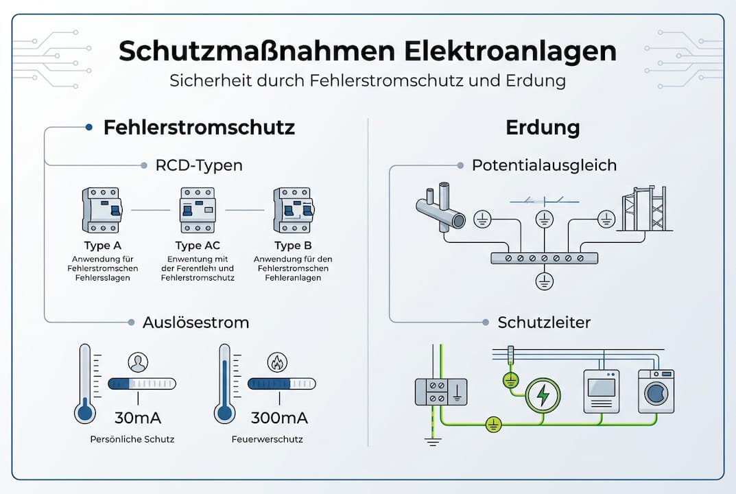Übersichtsgrafik: Schutz durch Fehlerstromschutzschalter und Erdung