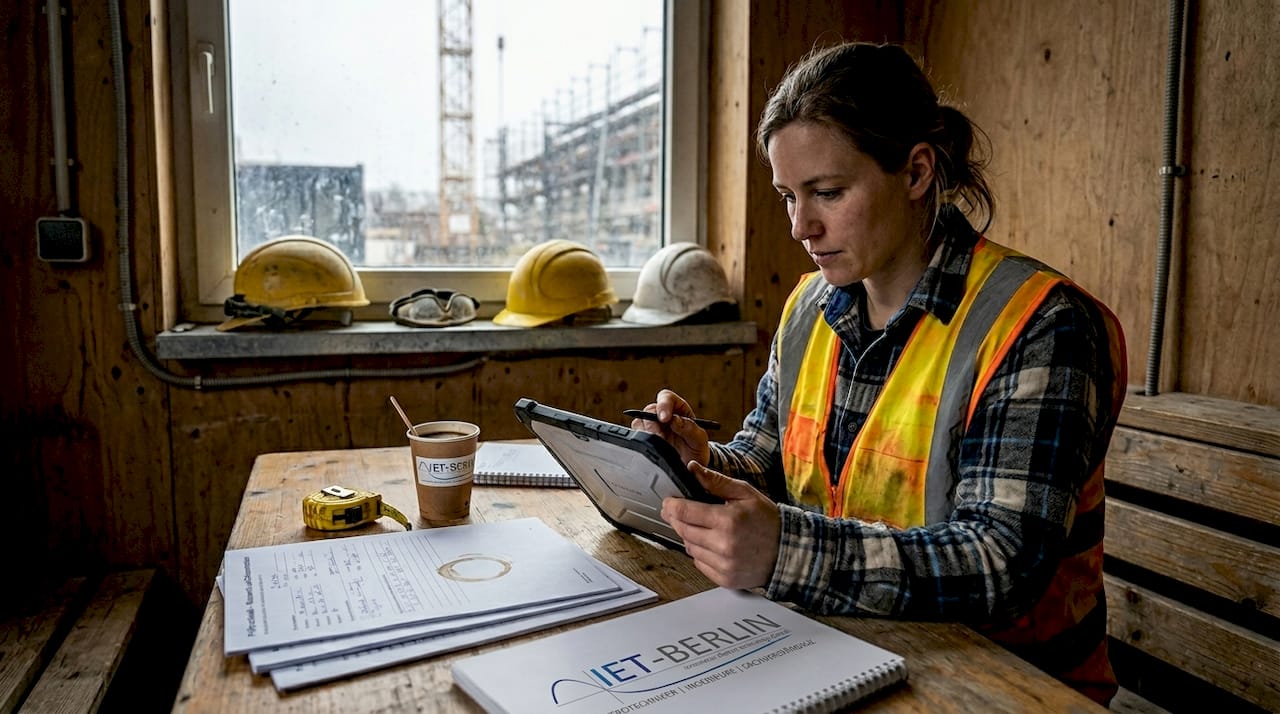 Eine Elektrikerin hält ihre Prüfergebnisse direkt am Tablet fest.