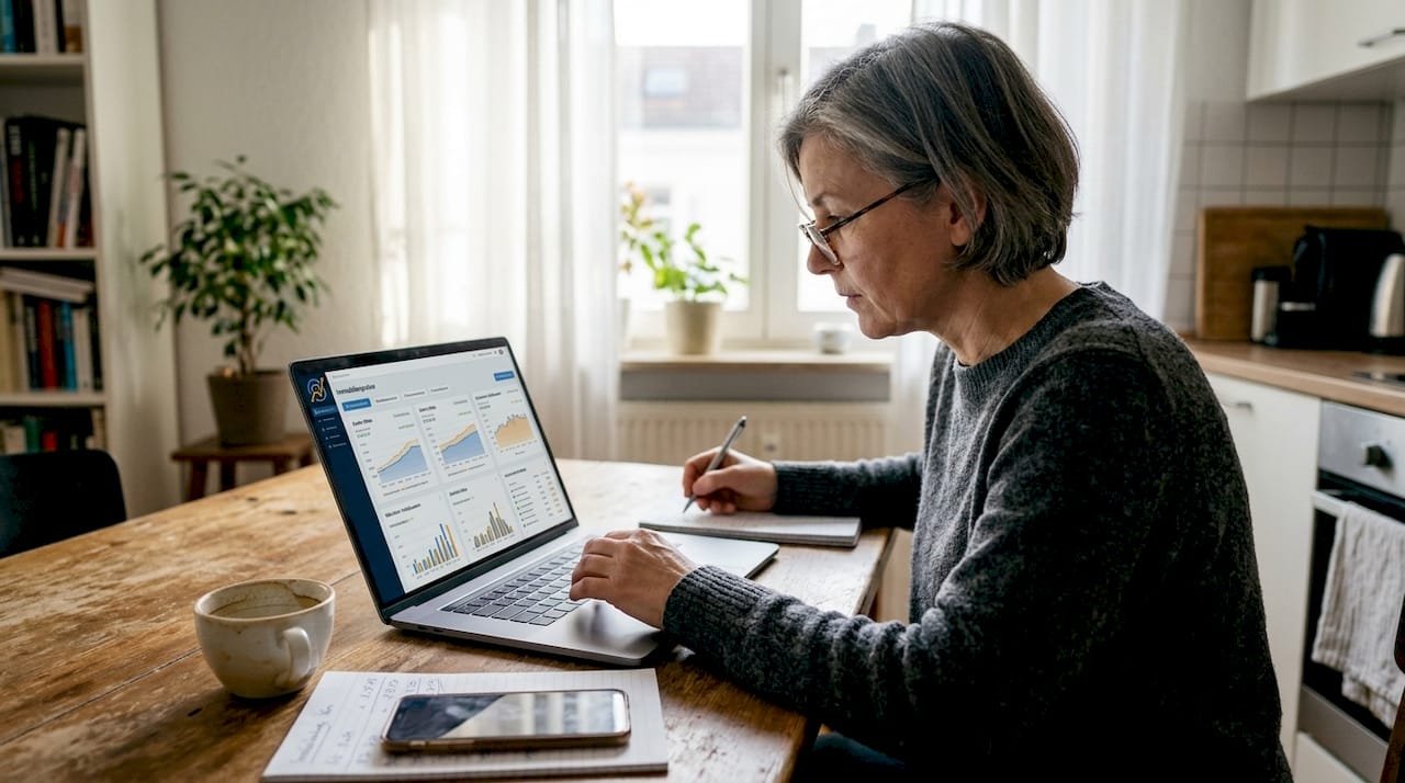 Eine Frau wertet aktuelle Marktdaten aus, um die Entwicklung der Immobilienpreise zu verstehen.
