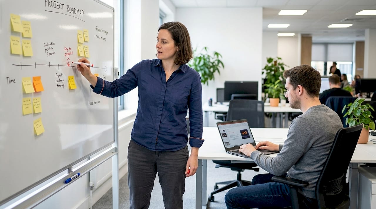 Im Büro setzt die Projektleiterin die nächsten Schritte auf der Roadmap fest.