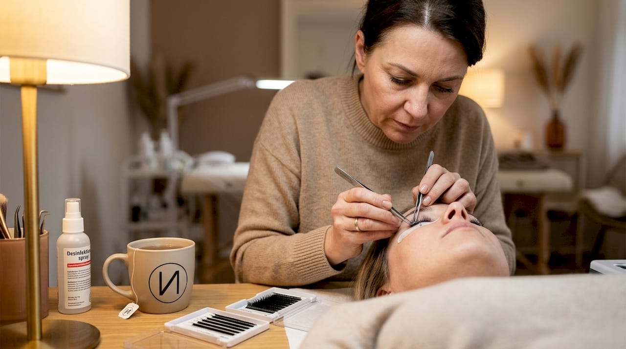 Mit einer Pinzette bringt die Stylistin sorgfältig die Wimpernextensions an.