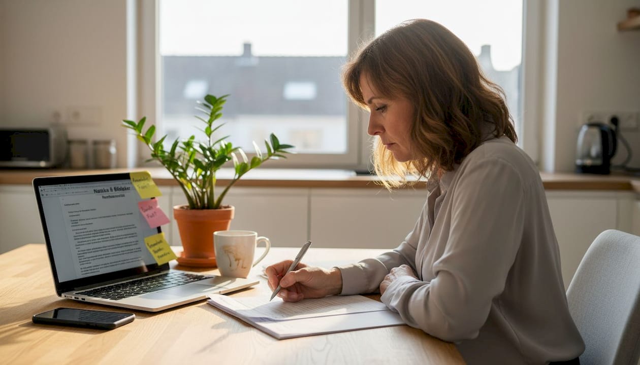 Zu Hause geht eine Frau ihren Arbeitsvertrag Punkt für Punkt mit einer Checkliste durch.