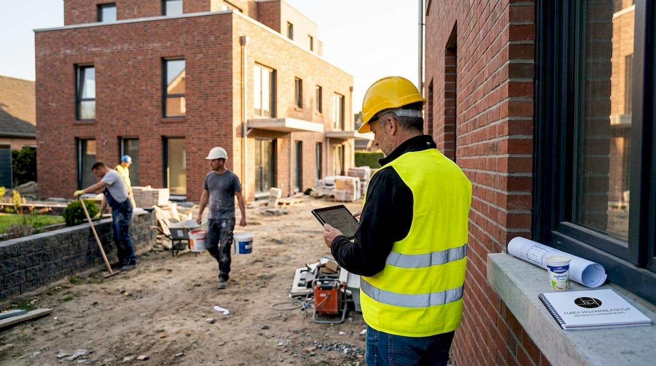 Der Bauleiter macht einen Kontrollgang auf der Baustelle des Mehrfamilienhauses.
