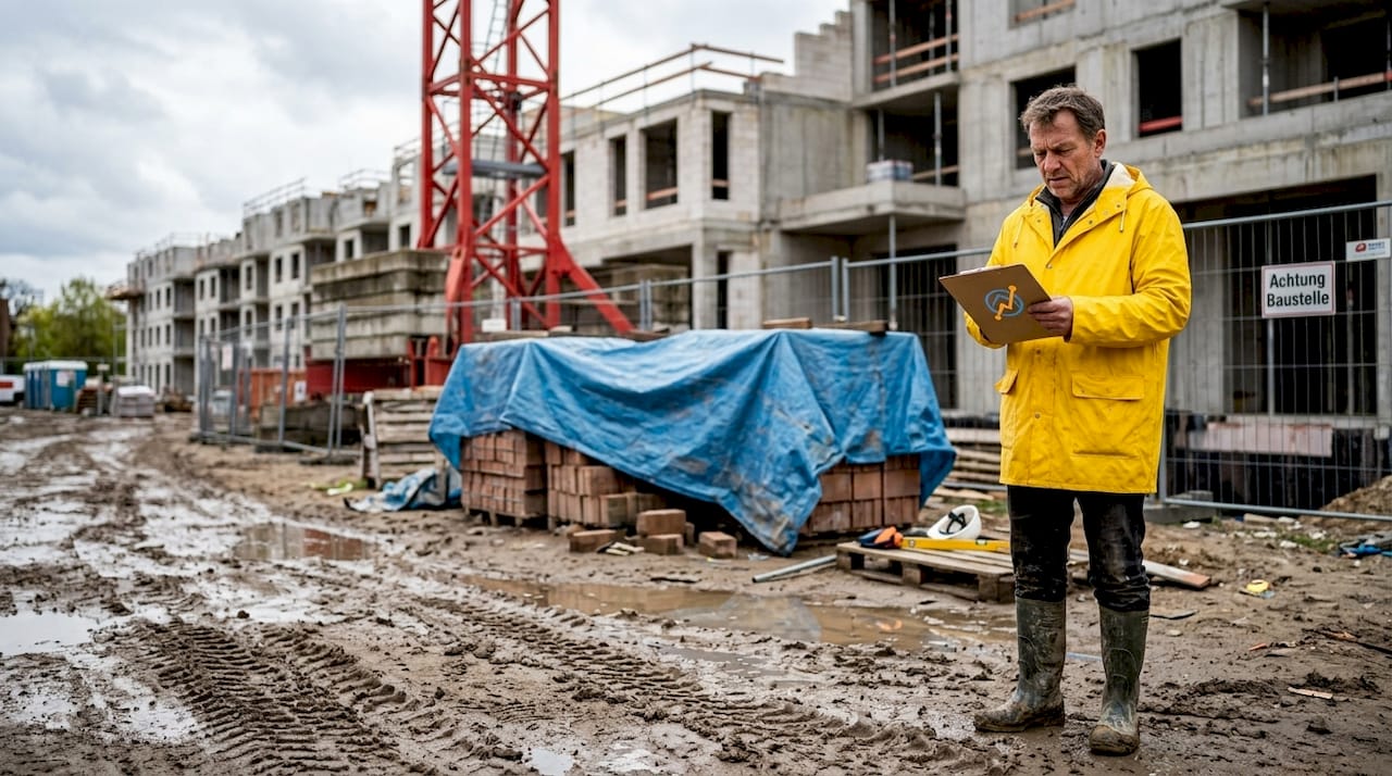 Ein Bauleiter steht mit Klemmbrett in der Hand auf einer belebten Berliner Baustelle und behält den Überblick über das Geschehen.