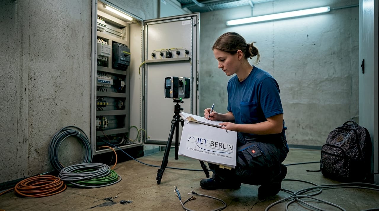 Eine Technikerin vermisst mit einem Laserscanner die Fläche vor dem Schaltschrank.
