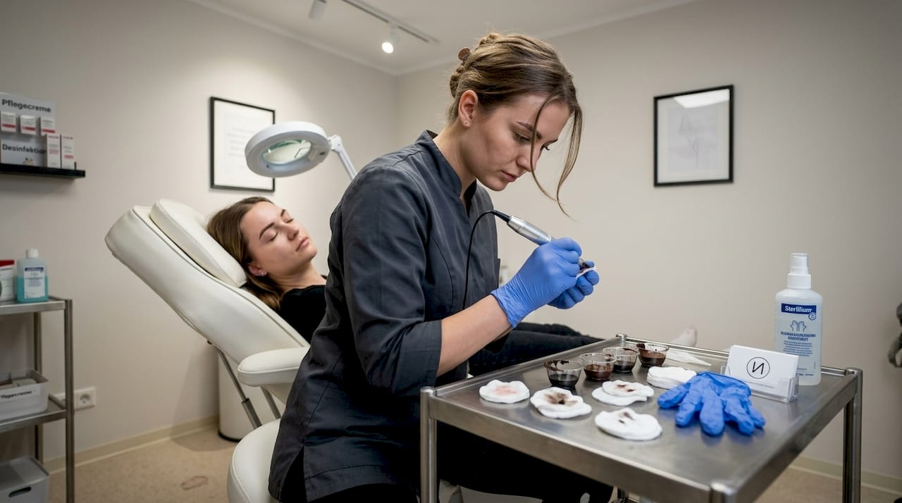 Eine Kosmetikerin trägt bei einer Kundin professionell Permanent Make-up auf.