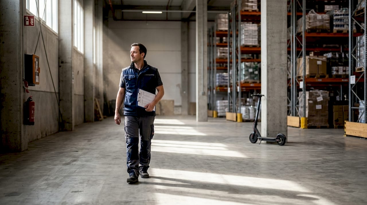 Der Schichtleiter sorgt für Sicherheit in der Lagerhalle und überprüft regelmäßig alle Bereiche.